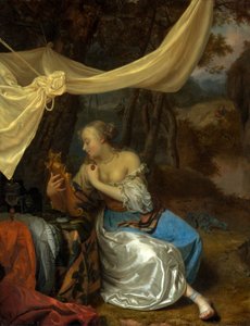 Nainen peilin kanssa baldakiinin alla metsäisessä maisemassa tekijältä Godfried Schalcken