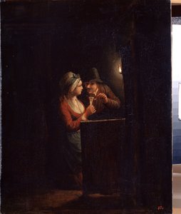 Mies ja nainen kynttilänvalossa. Godfried Cornelisz Schalckenin (1643-1706) maalaus. Öljy kankaalle, 31 x 25 cm. Hollantilainen taide, barokkitaide. Valtion ulkoilmamuseo Palace Gatchina, Pietari.