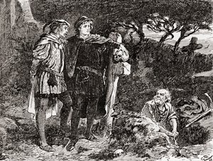 Kohtaus William Shakespearen näytelmästä Hamlet, V näytös, kohtaus 1, Hamlet: Minä tunnen hänet, Horatio, äärettömän pilailija, mitä mainioin mielikuvitus, William Shakespearen teoksista, julkaistu 1896 (e)