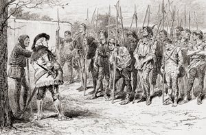 Kohtaus William Shakespearen näytelmästä Kuningas Henrik IV, osa 1, näytös IV, kohtaus 2, Falstaffin repaleinen rykmentti, William Shakespearen teoksista, julkaistu 1896 tekijältä Gordon Frederick Browne