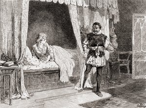 Kohtaus William Shakespearen näytelmästä Othello V näytöksen V kohtaus 2, Desdemona: Dendemona: Puhutko sinä tappamisesta? Othello: William Shakespearen teoksista, julkaistu 1896. tekijältä Gordon Frederick Browne