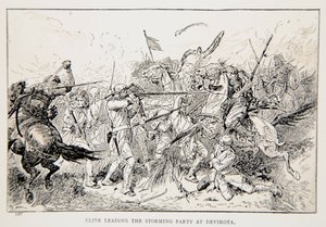 Clive johtaa Devikotan myrskyjuhlia, esimerkki G.A.:n teoksesta "Clive in India, or the Beginnings of an Empire". Henty, pubi. Lontoo, 1884 tekijältä Gordon Frederick Browne