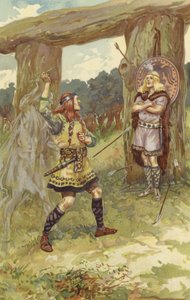 Hodur otti mistelin Lokilta, ja Loki ohjasi hänen käsivarttaan ja heitti sen Balduria kohti, ja Baldur kaatui terävästi huutaen (chromolitho)