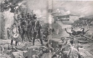 Kuinka 57. rykmentti voitti lempinimen "The Die Hards" Albueran taistelussa 16. toukokuuta 1811, kuva "British Battles on Land and Sea" -julkaisusta, julkaisija Cassell, Lontoo, noin 1910 tekijältä Gordon Frederick Browne
