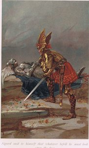 Sigurd sanoi itselleen, että tapahtuipa mitä tahansa, hänen on katsottava kasvoihin, kuvitus Alice S. Hoffmanin vuonna 1926 julkaistusta The Book of Sagas -kirjasta. tekijältä Gordon Frederick Browne
