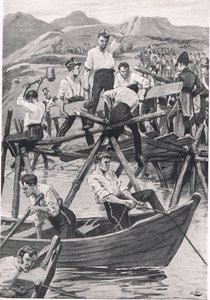 Guadianan ylittävän sillan rakentaminen, 3. huhtikuuta 1811, kuva julkaisusta "British Battles on Land and Sea", julkaisija Cassell, Lontoo, n. 1910 tekijältä Gordon Frederick Browne