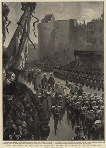 Kulkue High Streetillä, Windsor, Bluejackets piirtää asevaunun tekijältä Gordon Frederick Browne