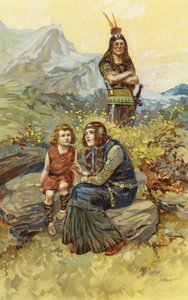 Nainen ja hänen poikansa Olaf istuivat aamun auringonpaisteessa (chromolitho) tekijältä Gordon Frederick Browne