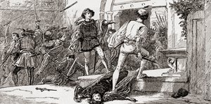 Tybaltin tappoi Romeo, kohtaus William Shakespearen Romeo ja Julia, näytös III, kohtaus 1, William Shakespearen teoksista, julkaistu 1896