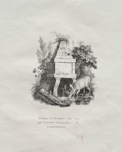 Litografisten esseiden kokoelma: Puupiirrosta jäljittelevä suihkulähde, n. 1816.