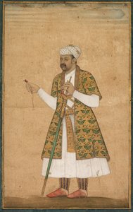 Hovimies, mahdollisesti Khan Alam, kädessään Spinelli ja Deccan-miekka, n. 1605-1610. tekijältä Govardhan