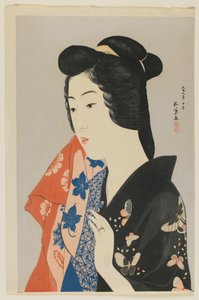 Nainen pitelee pyyhettä, Taisho-aika, lokakuu 1920 (värillinen puupainatus)