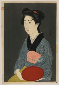 Nainen pitelee tarjotinta, Taisho-aika, tammikuu 1920 (värillinen puupainatus)