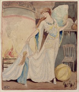 Kuvitus "The Slippers of Cinderella", n. 1919 (akvarelli, kynä ja muste paperille) tekijältä Graham Robertson