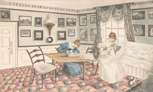 Kaksi nuorta naista kirjoittamassa ja ompelemassa sisätiloissa Hattonissa, Warwickshiressä, 1820-30. tekijältä Granddaughters of Dr. Samuel Parr.