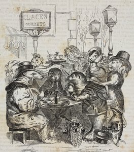 Pedot istuvat jäätelökaupassa, Giovanni Marianin litografia Jean-Jacques Grandvillen (1803-1847) pilapiirroksesta Poliorama Pittorescosta, n:o 24, 21. tammikuuta tekijältä Grandville