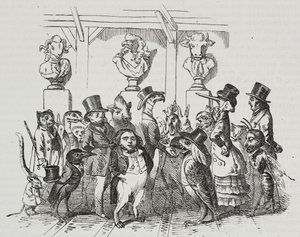 Uloskäynti teatterista, karikatyyri Jean-Jacques Grandville (1803-1847), litografia Giovanni Mariani, Poliorama Pittoresco, n. 39, 7. toukokuuta tekijältä Grandville