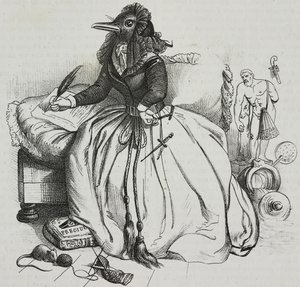 Lukutaito nainen, karikatyyri Jean-Jacques Grandville (1803-1847), litografia Giovanni Mariani Poliorama Pittorescosta, n:o 18, 11. joulukuuta tekijältä Grandville