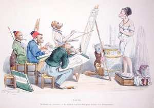"Malli on täydellisesti muotoiltu häiriötekijöitä varten", karikatyyri "Les Metamorphoses du Jour" -sarjasta, uusintapainos vuonna 1854 (värinen kaiverrus) tekijältä Grandville