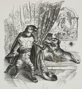 Tiikeri etenee tikarin kanssa, karikatyyri Jean-Jacques Grandville (1803-1847), litografia Gaetano Riccio Poliorama Pittorescosta, n. 39, 7. toukokuuta tekijältä Grandville