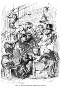 Sarjakuva: Grandvillen kaiverrus, otettu kirjasta "Eläinten yksityinen ja julkinen elämä (Les animaux painted pa them memes)", Hetzelin painos 1867 s. 566 - Luku otsikolla "Tabletit Gira