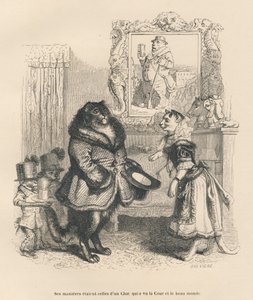 Hovikissa tervehtii nuorta naaraskissaa. JJ Granvillen kuvittamat pikkukuvat. Brevieren signeeraama kaiverrus osassa nimeltä "Englannin kissan oikeuskipu", jonka on kirjoittanut Honore de Balzac teoksessa "Kohtauksia eläinten yksityisestä ja julkisesta elä tekijältä Grandville