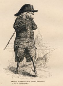 Kukko invalides hotelli des invalides edessä Pariisissa. JJ Granvillen kuvittamat pikkukuvat. Kaiverrus allekirjoitettu Andrew, Best ja Leloir osassa nimeltä "Lääketieteelliset eläimet", jonka Pierre Bernard on kirjoittanut "Kohtauksia eläinten yksityisest tekijältä Grandville
