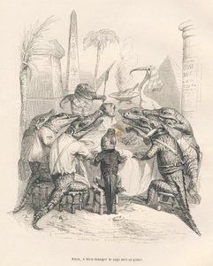 Krokotiilit pöydän ympärillä Egyptissä. JJ Granvillen kuvittamat pikkukuvat. Kaiverrus allekirjoitettu Andrew, Best ja Leloir Emile de La Bedollieren kirjoittamassa osassa "Muistoja krokotiilista" "Kohtauksia eläinten yksityisestä ja julkisesta elämästä". tekijältä Grandville