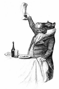 Yksityiskohta Grandvillen kaiverruksesta, joka on peräisin kirjasta Eläinten yksityinen ja julkinen elämä (Les animaux ints par eux memes), painos Hetzel 1867 - Hippotamus maailmankatsomuksellisesti pöydässä nostamassa lasiaan ja nostamassa maljaa.