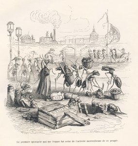 Muurahaiset täydessä toiminnassa Seinen rannalla. JJ Granvillen kuvittamat pikkukuvat. Kaiverrus signeerattu Porret osassa nimeltä "Varpuksen matka Pariisista", jonka George Sand on kirjoittanut teoksessa "Kohtauksia eläinten yksityisestä ja julkisesta elä tekijältä Grandville