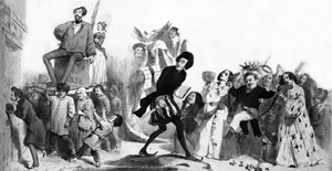 Ranskalaiset romanttiset kirjailijat (Alfred de Vigny, Victor Hugo, Alexandre Dumas isä, Honore de Balzac ) haluavat päästä Ranskan akatemiaan, mutta ovet ovat suljettu, kaiverrus.