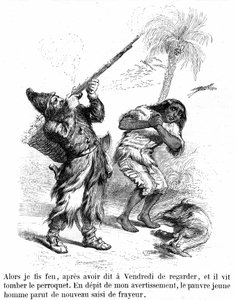 Kuvitus Daniel de Foen (DeFoe) romaaniin Robinson Crusoe, Grandville - edition Garnier 1869 s193. Robinson ampuu kiväärillä frighy Fridayn edessä.