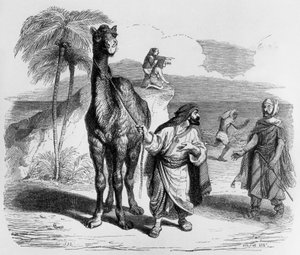 La Fontainen satu (Jean de La Fontaine) : kameli ja kelluvat kepit, J.J. Grandvillen kaiverrus, n. 1838-40.