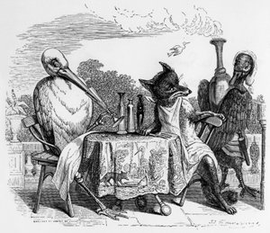 La Fontainen satu (Jean de La Fontaine) : kettu ja haikara, J.J. Grandvillen kaiverrus, n. 1838-40.