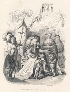 Les jeunes lionceaux recoivent la benediction du roi lion. Vinjettikuvat, JJ Granville. Syväsyväkirjoitus Breviere dans la partie intitulee "Voyage d