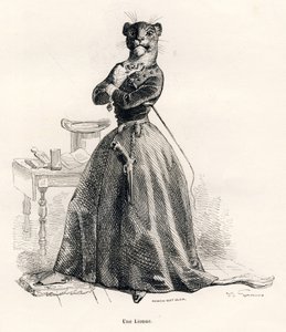 Lionne avec un pistolet et un fouet. Vinjettikuvat, JJ Granville. Syväkirjoituksen allekirjoittaja Andrew, Best et Leloir ja puolueen nimitys "Voyage d