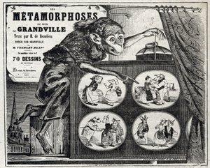 Panitikan. The Daily Metamorphosis, ng caricaturist na si Jean Jacques Grandville. Poster, Francefinn tekijältä Grandville