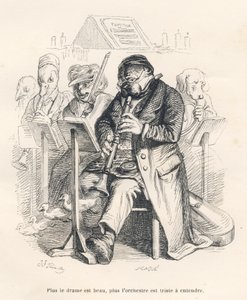 Orkesteri, jossa koira soittaa huilua poikasten kanssa, jotka tulevat ulos soittimesta. JJ Granvillen kuvittamat pikkukuvat. Kaiverrus signeerattu Caque osassa nimeltä "The first serial of Pistolet", jonka Jules Janin on kirjoittanut elokuvassa "Scenes de  tekijältä Grandville