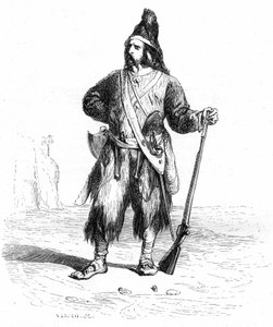 Muotokuva Robinson Crusoesta autiolla saarellaan kivääri ja aseet vyöllä - Grandvillen kuvitus Daniel Defoen romaaniin (De Foe) - Garnierin painos 1869 s 155.