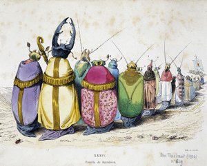 Kirkonvaatteissa olevien kovakuoriaisten kulkue - Granvillen antiklerikaalinen sarjakuva elokuvasta "Päivän metamorfoosit" 1829