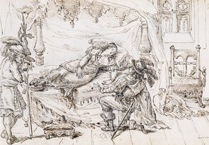 Sleeping Beauty, kuvitus Charles Perraultin (1628-1703) sadulle, kaiverrus Grandville (1803-1847) tekijältä Grandville