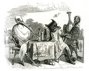 Kettu ja haikara, kuvitus teoksesta "Fables of La Fontaine" (litho) tekijältä Grandville