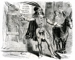 Huijari: Grandvillen kuvittama La Fontainen satu. Edition Garnier 1860. Tämä kippari vaikeuttaa jokaisen aasin tiedemiehen tekemistä.