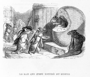 Rotta, joka vetäytyi maailmasta - "" Fables" -kirjassa" de La Fontaine, sairas. kirjoittanut Grandville tekijältä Grandville