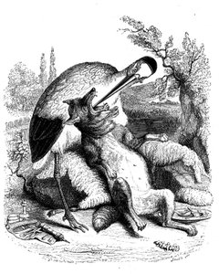 Susi ja haikara: Grandvillen kuvittama La Fontainen satu. Edition Garnier 1860. Haikara esitetään lääkärinä (väärät palkinnot hänen pahoinpitelystään!).
