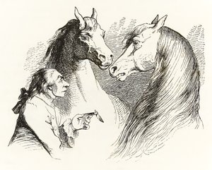 Gulliver keskustelee puhuvien hevosten kanssa Houyhnhnms Landissa Jonathan Swiftin Gullivers Travels -kirjasta. tekijältä Grandville