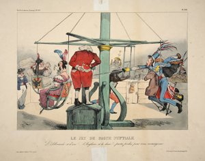 Morsiussormussetti. Saksalainen ... ja dyyni! ... englantilainen ... ja kaksi! ... peli hävisi sinulle, monseigneur, pubi. 1833 tekijältä Grandville