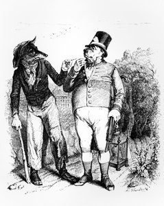 Koira ja susi, kuvitus "Fables" of La Fontainen, julkaisija H. Fournier Aine, 1838