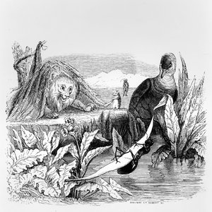 Kyyhkynen ja muurahainen ja leijona ja rotta, kuvitus La Fontainen taruille, julkaisija H. Fournier Aine, 1838