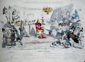 Grande Course au Clocher Academique, Institut de Francea kuvaava karikatyyri, 1839 (katso myös 218693) (värikaiverrus) tekijältä Grandville 1803-47 after Grandville 1803-47 after